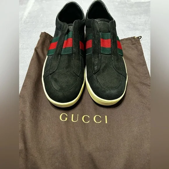 Gucci Black Suede Web Stripe Slip-On Sneakers Size 7.5 - Picture 3 of 15